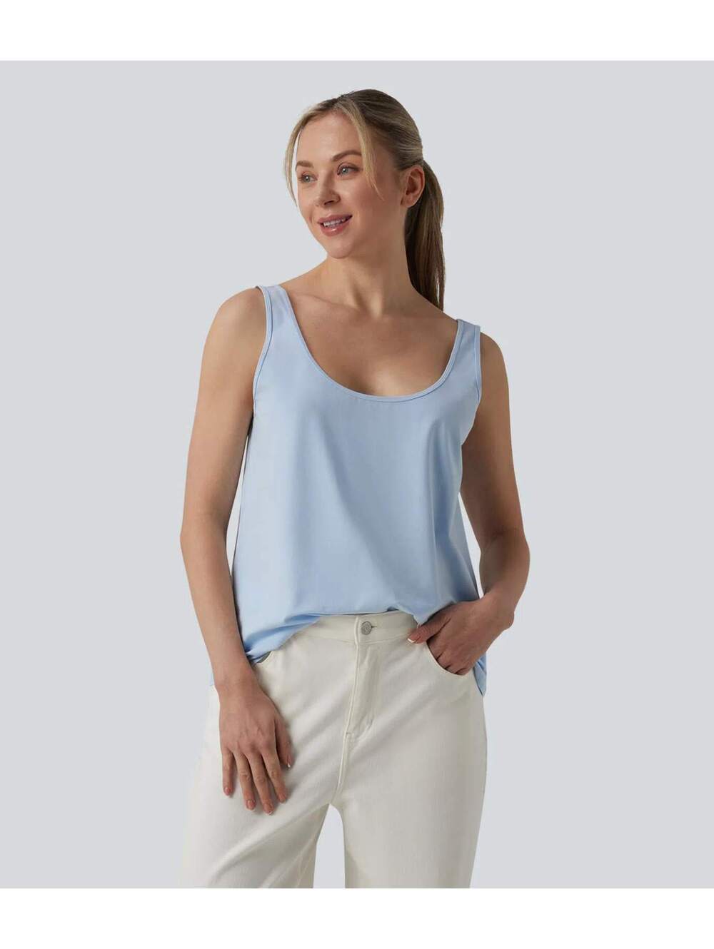 Halara U Neck Casual Cotton Tank Top-Front and Back Wearable Blue Size XL